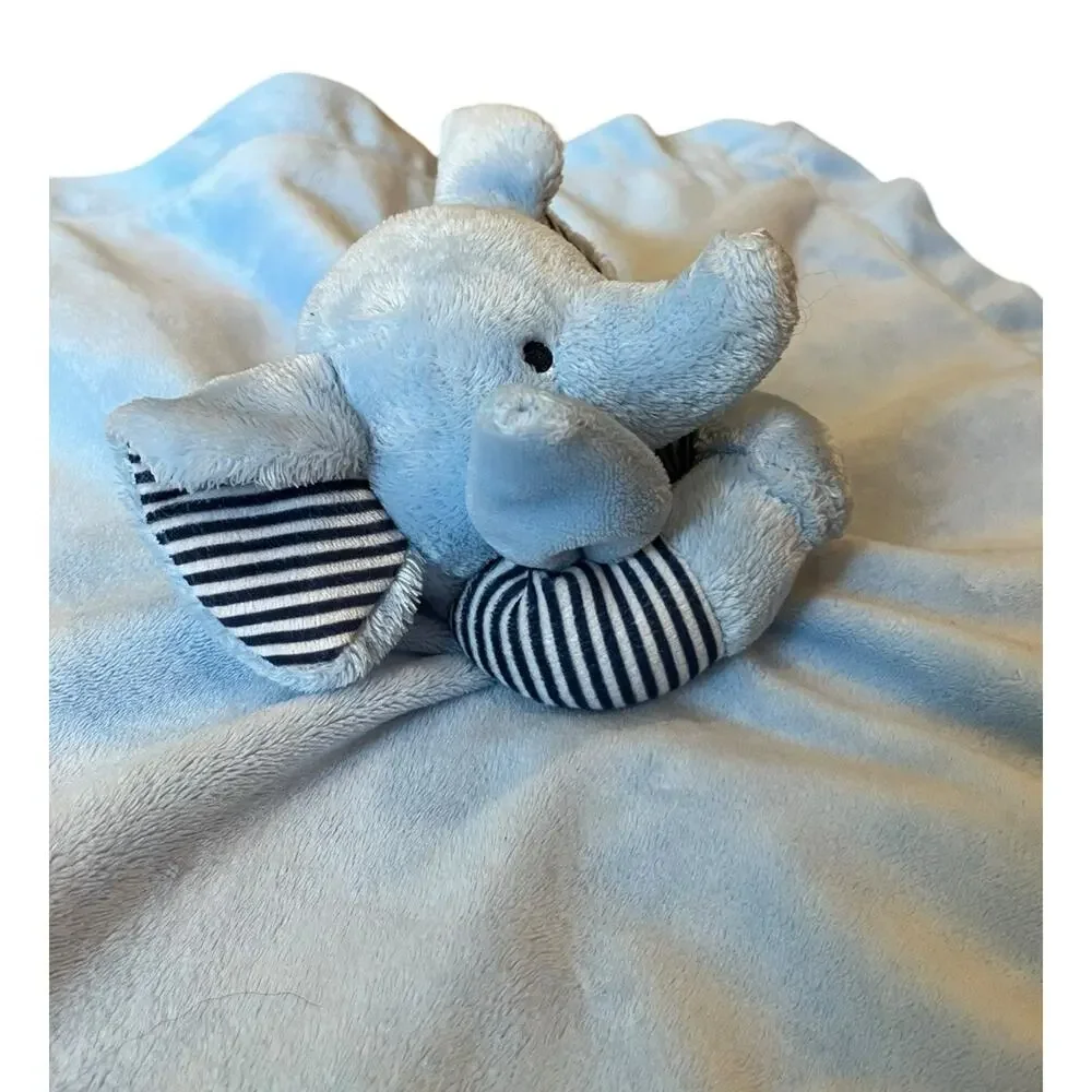 Carter's Blue Elephant Striped Ears Arms Rattle Lovey Security Blanket 16x16”